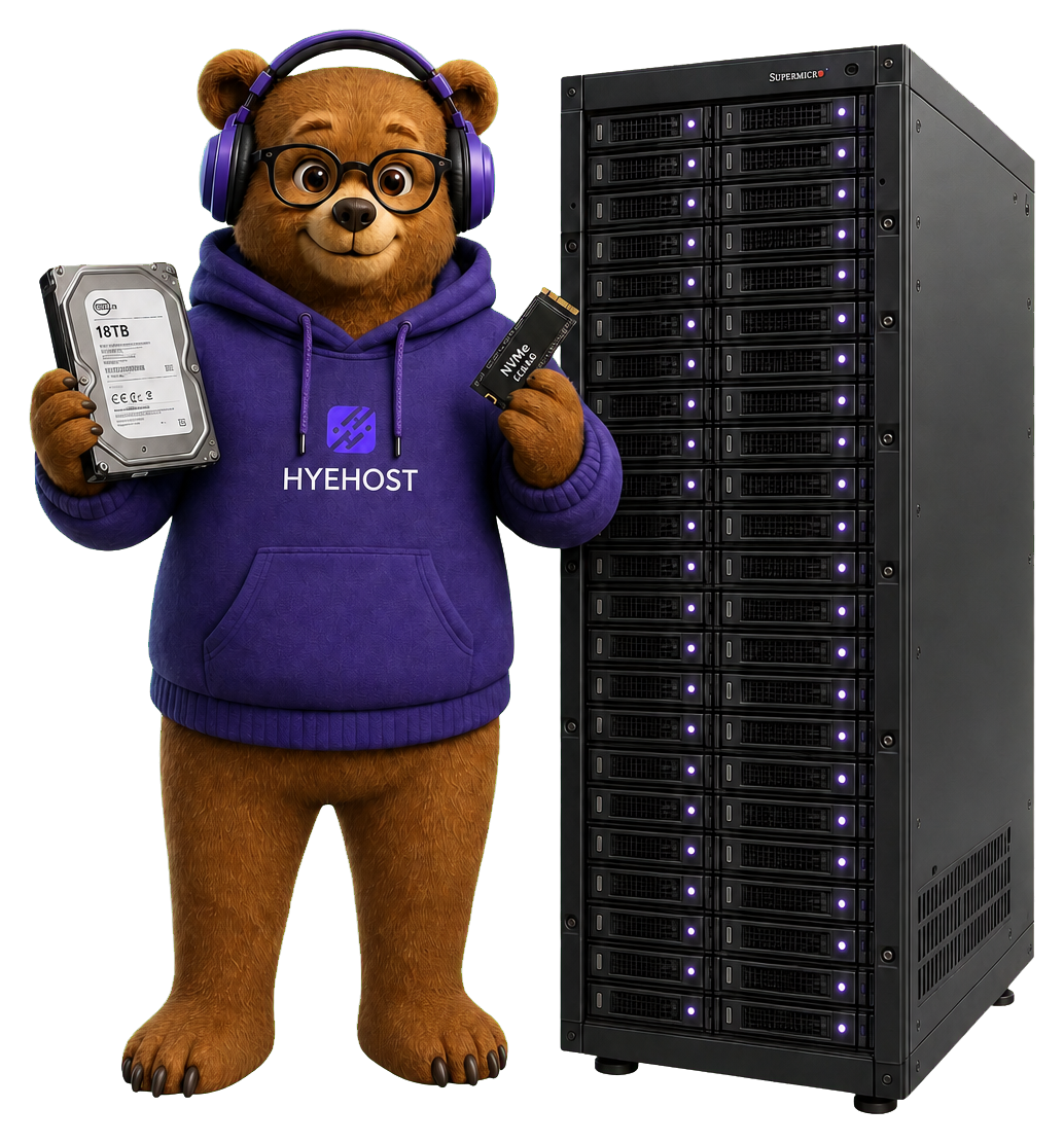 HYEHOST Storage VPS mascot with enterprise HDD, NVMe cache and JBOD shelf
