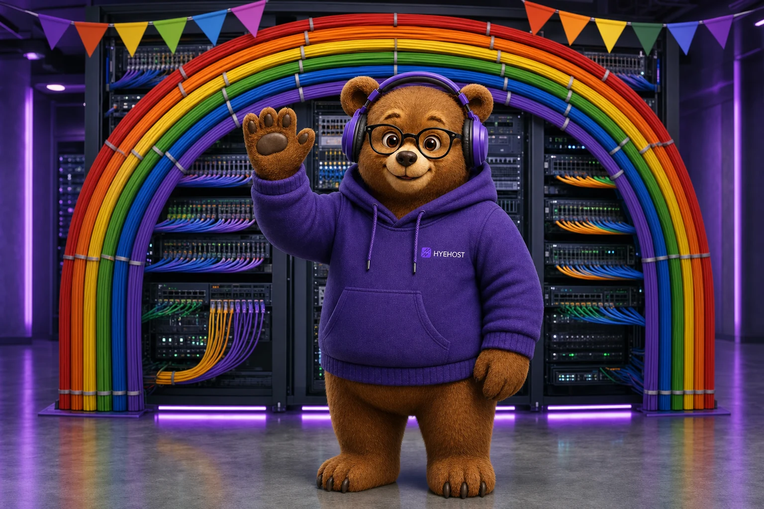 HYEHOST mascot beneath an inclusive rainbow made from fibre-optic cables