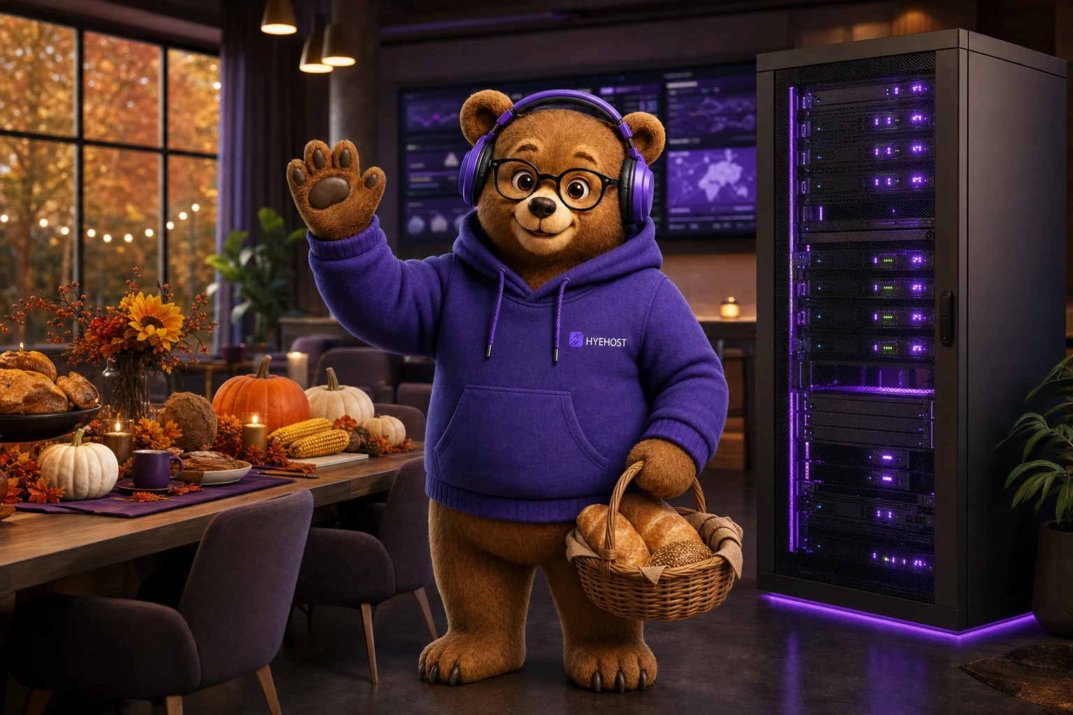 HYEHOST mascot bringing bread to a Thanksgiving gathering beside a server rack